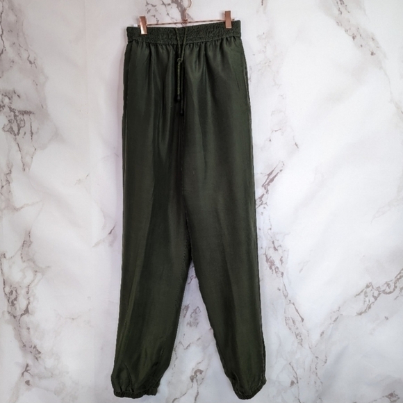 Vintage 100% Silk Exchange Green Baggy Joggers Pull On Pants Lined Women's M EUC - Picture 1 of 11